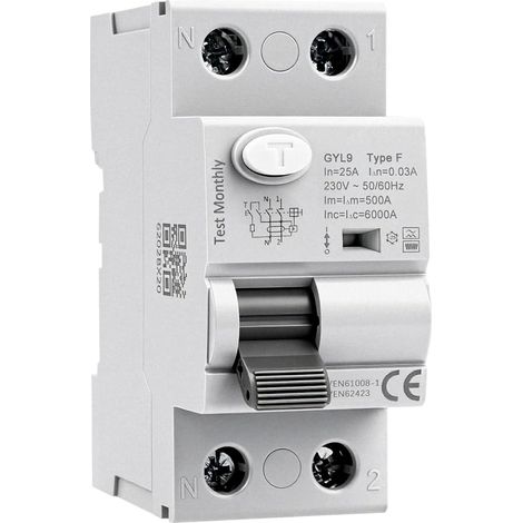Disjoncteur Différentiel 25A 30mA type F Interrupteur Différentiel 2P AC230V Pouvoir de Coupure de 6 kA pour Charge monophasée à fréquence variable Climatiseurs Lave-linge Pompes Pompes à chaleur (1/5)
