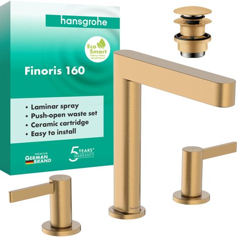 Mitigeur de lavabo 3 trous avec vidage Push-Open, Robinet de salle de bain avec hauteur sous bec 169 mm, max. 5l/min (EcoSmart), Bronze brossé, 76034140 (1/5)