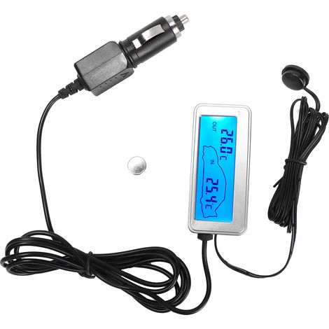 Thermomètre numérique voiture 12V écran LCD température intérieure extérieure réactif coque plastique argentée universel avec pile CR2025 et notice (1/5)