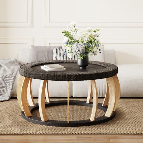 Table basse ronde 90x90 cm bois et rotin noir brun OKMYHOME (1/5)
