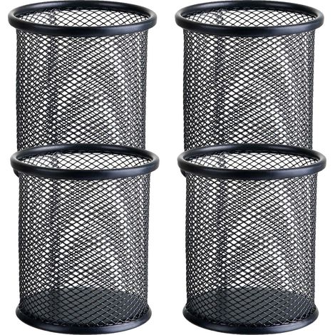 Pot À Crayons - Métal Maille Noir - 10 x 9 cm - Pour Bureau Et Maison - Lot De 4