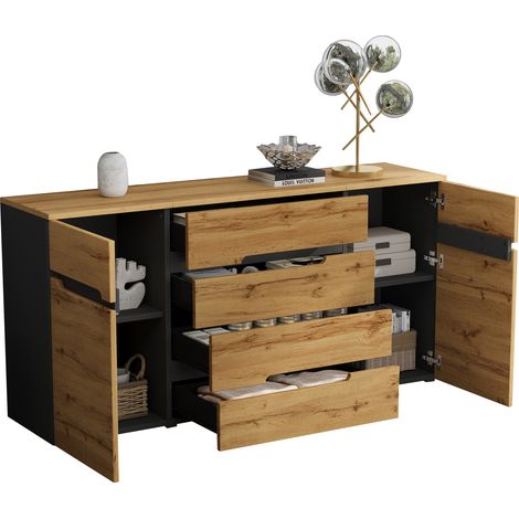Buffet de salon 2 portes 4 tiroirs, meuble de rangement 160 x 40 x 80 cm, effet bois et noir, pour salon ou salle à manger moderne et ordonné  CHICFURN (1/5)