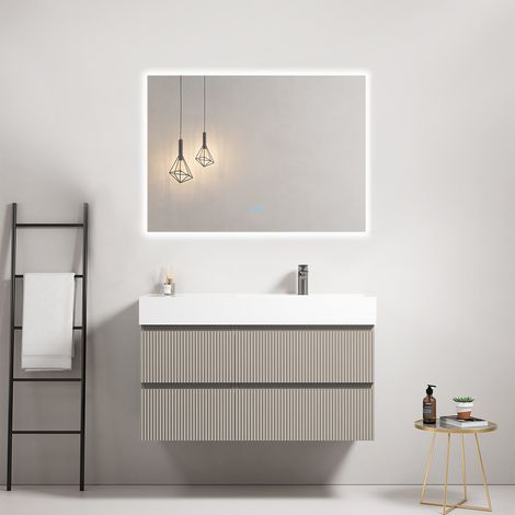 Mobile bagno sospeso cannettato 100 cm Grigio Cenere Lavabo a Destra in Resina Specchio Quadro Retroilluminato - Fiji Paint (1/4)
