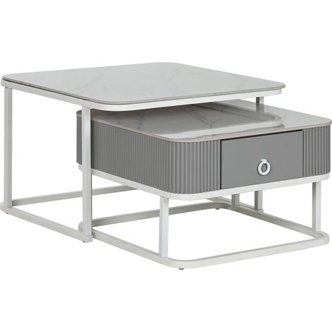 Table basse élégante en métal blanc et pierre sinterisée - Blanc marbré avec nuances grises (1/5)