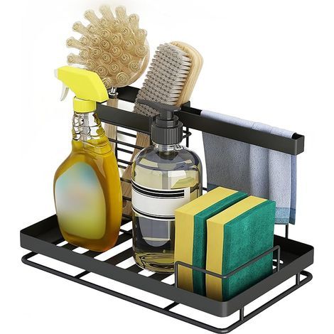 Porte Eponge Evier Cuisine, Rangement Évier Cuisine Support Brosse Éponge Organisateur avec Plateau Drainage, Stockage Liquide Vaisselle, éponge, Brosse Nettoyage, Torchons (Noir) 25x15.5x14.7cm (1/5)