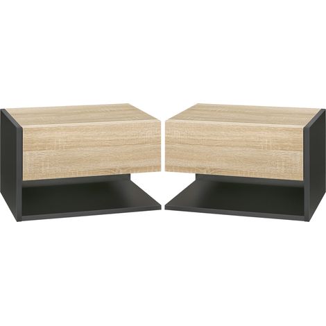 Lot de 2 tables de chevet murales TATIANA bois et noir (1/5)