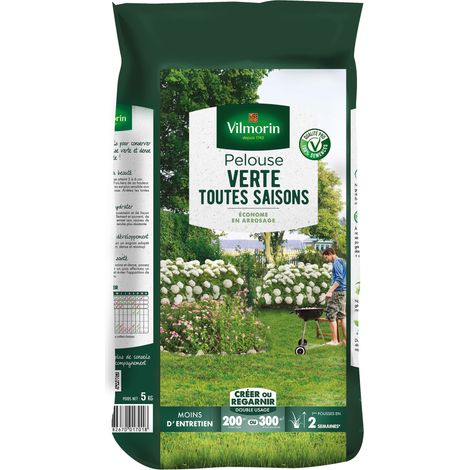 Vilmorin – Pelouse verte toutes saisons 5 kg – Terreau enrichi en micro-trèfles – Pour gazon dense et résistant – Utilisation toute l'année