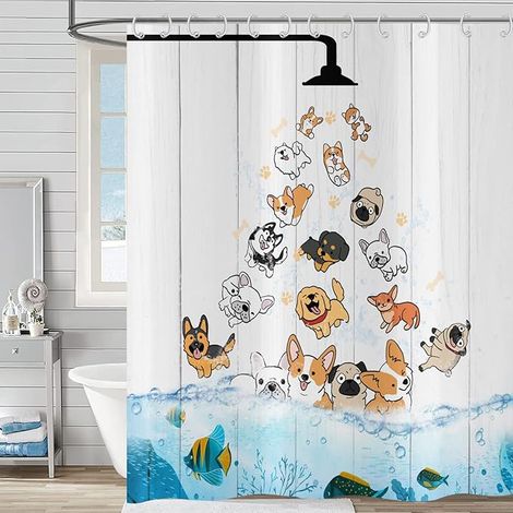 Rideau de Douche océan 180x180, Animal de Compagnie coloré Chien et Poisson Rustique Bois Imperméable Drôle Fond Rideau de Baignoire Enfants (1/5)