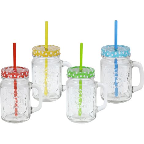 Trinkglas mit Deckel und Strohhalm - 4er Set / je 480 ml