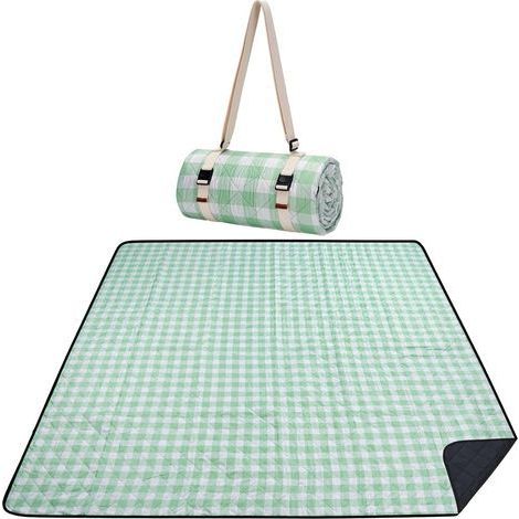 Couverture de pique-nique 200 cm x 200 cm, imperméable, lavable, tapis de pique-nique pour la plage, le camping avec bandoulière – Vert et blanc (1/5)