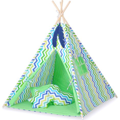 Tenda Tipi per bambini + ciondoli a forma di piuma - Chevron verde e blu (1/5)