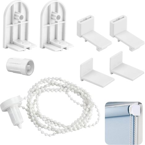 Nouveau kit de 8 pièces comprenant des têtes de commande pour stores enrouleurs de 17 mm, une tête sans perçage et une chaînette à billes de 2 mètres.