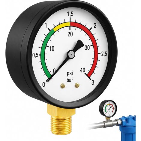 Manomètre 0-3 Bar pour Eau et Gaz, Raccord 1/4 BSPT Laiton (1/5)
