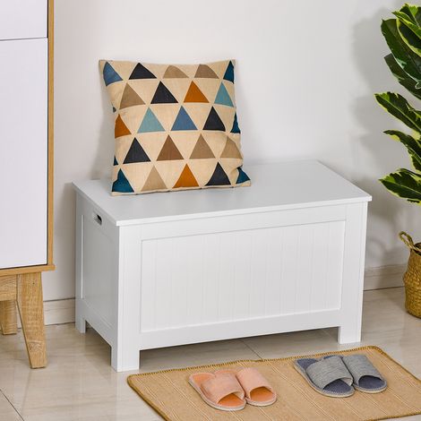 Banc de rangement multifonction en bois MDF avec 2 poignees et charniere de securite 81x40x46cm Blanc (1/5)