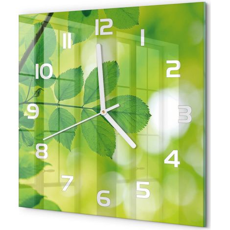 Horloge Murale Carrée Déco Salon Verre Trempé Silencieuse Design Contemporain Feuilles vertes 30x30 cm (1/5)