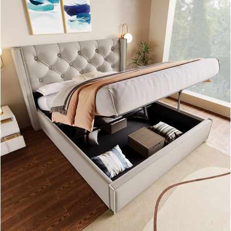 Cama doble 160x200 cm gris claro de algodón con canapé elevable y somier metálico (1/5)