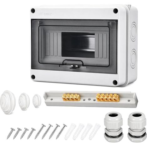 Coffret électrique en saillie, boîtier de distribution IP65 à 8 modules  avec bornes en laiton, petit tableau électrique pour jardin, extérieur, villas et bornes de recharge. (1/5)