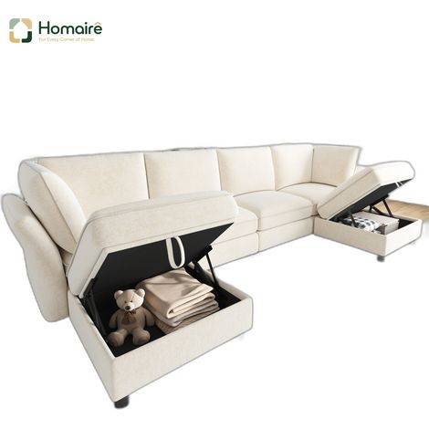 Canapé modulable en velours beige avec rangement et accoudoirs 289 x 137 x 84 cm HOMAIRE (1/5)