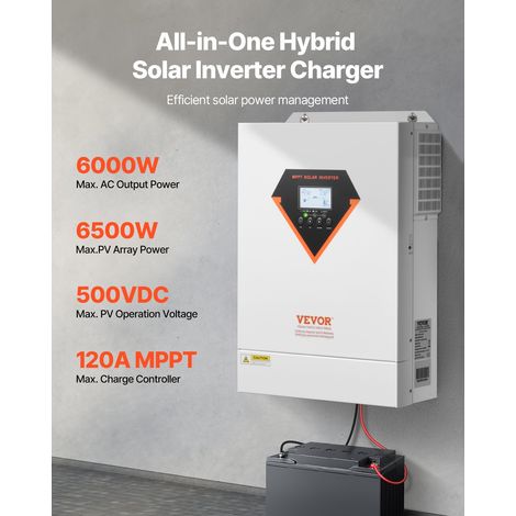 Onduleur Solaire Hybride 6000 W Chargeur à Onde Sinusoïdale Pure Tout-en-un, 48 V CC vers 220/230 V CA Monophasé, Contrôleur Solaire MPPT 120 A Intégré, pour Systèmes Photovoltaïques Hors Réseau (1/5)