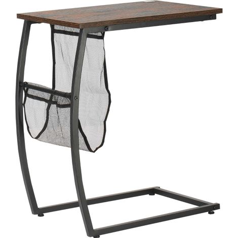 Mesa Auxiliar para Sofá y Cama Mesita Auxiliar Pequeña en Forma de C con Bolsillo de Almacenaje Estilo Industrial para Salón 53x35x64,5 cm Marrón Rústico