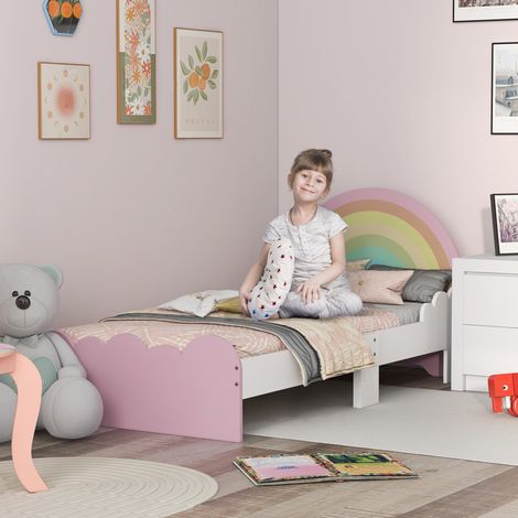 Blanc et rose - Lit pour enfants de 3 à 6 ans avec rails anti-chute, lit pour enfants en MDF et panneaux contreplaqué, 143x74x66 cm