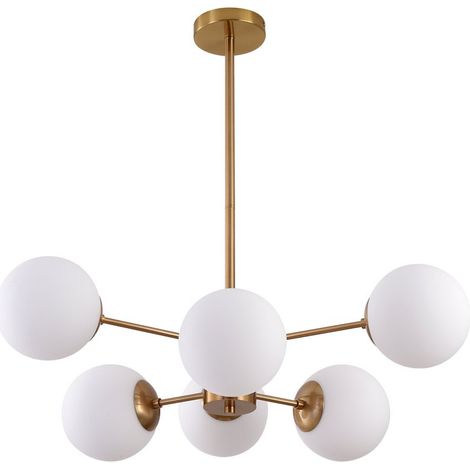 Lustre Suspension Design Moderne en Laiton Satiné Blanc et Or 6 Lumières E27 D68cm - PANGIVO (1/2)