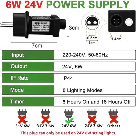 24V 6W AC Lichterketten-Blinkertransformator, 8 Modi, Stecker-Lichterkette mit Timerfunktion, IP44 wasserdichter Adapter für Weihnachtsbeleuchtung, Weihnachtsbaumbeleuchtung, Lichterketten [Energiekla