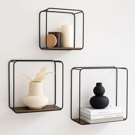 Mensole da parete -Jona- Mensola da parete in metallo e impiallacciatura in vero legno, 3 pezzi, decorazione da parete, contenitore e libreria per bagno, soggiorno, cucina, camera da letto, noce (1/4)