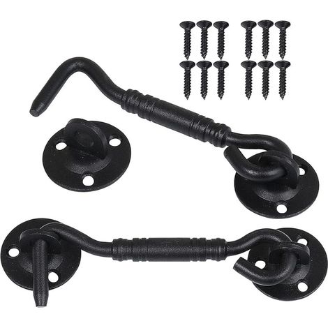 Ganchos para cabañas (paquete de 2), soportes para ventanas, ganchos para pestillos de puertas, pestillos de acero inoxidable para cobertizos, puertas de garaje y ventanas de cabañas, 10,2 cm (negro) 