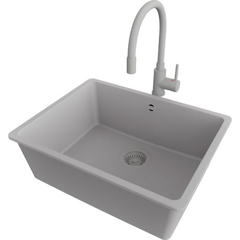 PRIMAGRAN Evier Sous Plan 56x44cm,Evier en Granit 1 bac + Robinet 38x14cm + Kit de Vidage, Évier au meuble 60cm - Venise Easy, Gris (1/5)