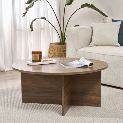 Couchtisch Simbario, Rund, Tischplatte aus edlem Holz, Platte Braun, 90x90x40 cm, Nussbaum (1/5)