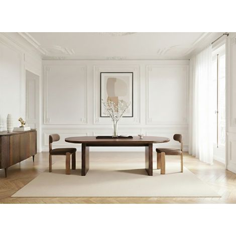 BOBOCHIC - Ensemble PABLO avec table à manger ovale 220 cm placage noyer + chaises TANYA tissu texturé Marron foncé (1/5)