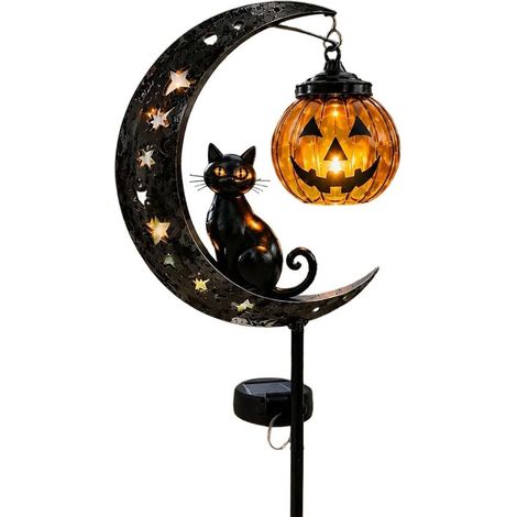 Décoration Solaire Halloween de Jardin, Piquet Lumineux LED avec Chat Noir, Citrouille et Lune, Lampe Extérieure Étanche en Métal (1/5)