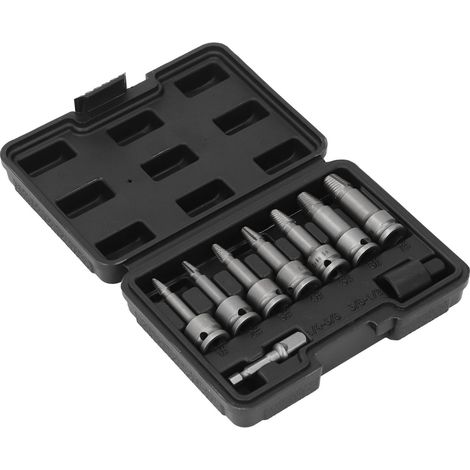 Lot de 9 extracteurs de vis à douille 3/8 avec adaptateurs, ensemble de retrait vis cassées rouillées têtées, acier hascrome, pour tuyaux filetés (1/5)
