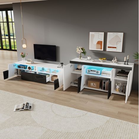 Kombinierte TV-Kommode mit Sideboard, LED Bluetooth, Weiß/Schwarz, MDF und Glas HAVRYA (1/5)