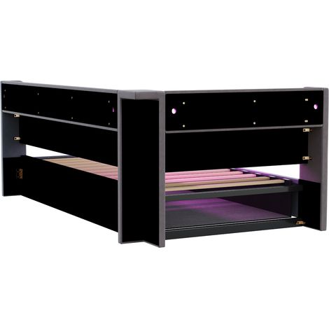 Letto contenitore imbottito 90 x 200 cm grigio con LED, prese USB e vano contenitore (1/5)
