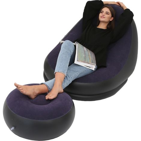Fauteuil gonflable pliable en PVC floqué confortable avec repose-pieds, idéal pour le camping et les voyages en plein air, bleu violacé. (1/2)