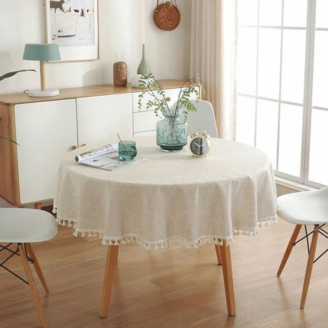 Nappe ronde en lin lavable, infroissable et anti-poussière, avec pompons, idéale pour la cuisine, la salle à manger, la table à manger, la table basse ou la table de jardin. (1/4)