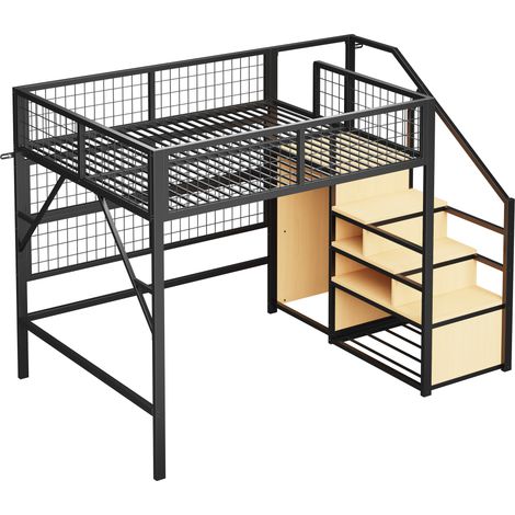 Lit mezzanine en métal 140 x 200 cm noir avec escalier de rangement et dressing ouvert (1/5)