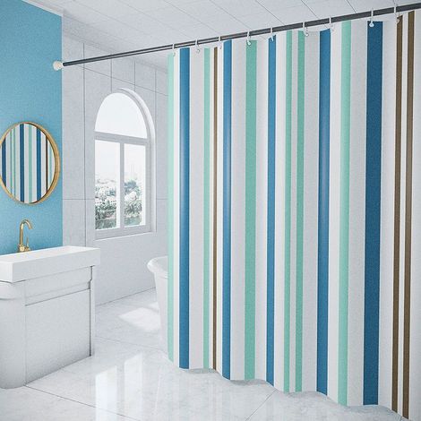 180 x 200cm Rideau de Douche avec 12 Crochets Séchage Rapide(rayures bleues), Tissu Polyester Imperméable Lavable en Machine, Rideaux Salle de Bain (1/5)