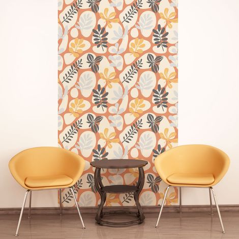 Papier peint intissé pré-encollé - ORANGE FEUILLES TROPICALES - 1 rouleau de 300x60cm (1/5)