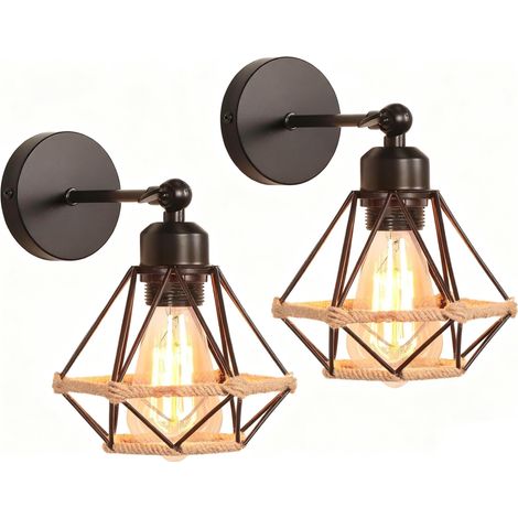 Lot de 2 Appliques Murales Interieures Industrielle,Métal Design Cage Noir Réglable Lampe Murale Vintage pour Salon Cuisine Chambre (Corde de Chanvre, 2 Pièces) (1/2)
