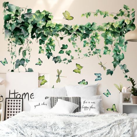Sticker mural - Feuilles vertes - Plantes - Fleurs - Vigne - Lierre - Pot de fleurs - Décoration murale pour salon, chambre à coucher, couloir, cuisine (C) (1/5)