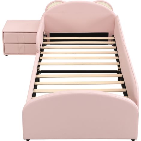 Cama infantil tapizada rosa 90x200 cm con mesita de noche, cabecero oso (1/5)