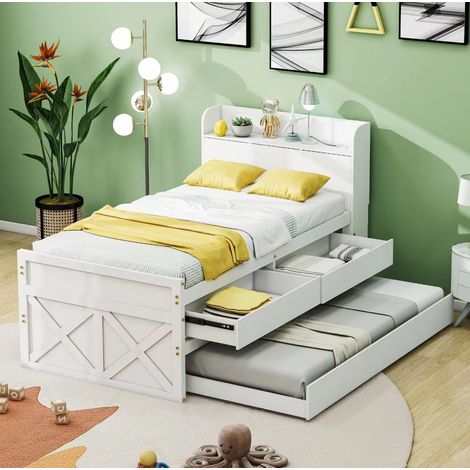 Cama individual de madera maciza blanca 90x190 cm con cama nido extraíble, 2 cajones, mesita y USB (1/5)