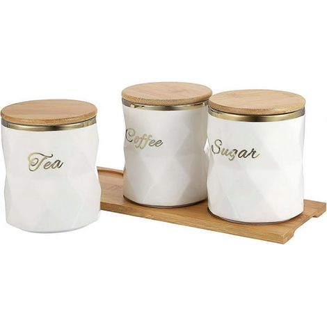 Set de 3 boîtes hermétiques en céramique blanche avec couvercle et plateau, rangement sucre, café et thé pour cuisine (1/4)