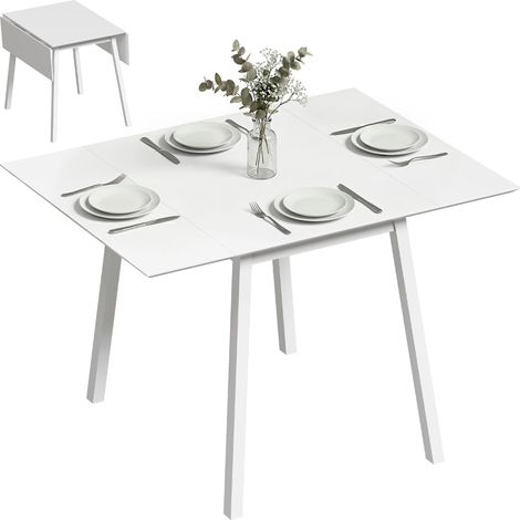 Klappbarer Küchentisch, klappbarer Esstisch mit ausklappbarer Tischplatte, Holz, für 2 bis 4 Personen, weiß