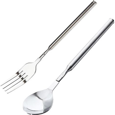 Tenedor y cuchara telescópicos de acero inoxidable, Tenedor de mesa, Cena, Fruta, Postre, Para cocinar, 21,8 cm  64,5 cm, 2 piezas (1/5)