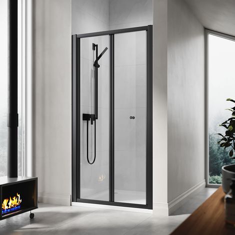 ELEGANT Bathroom 1000mm Bi-Fold Shower Door Matt Black Frame Folding Glass Cubicle Door + 1000 x 700mm Slip-Resistance Shower Tray with Waste and Resin Cover Grate