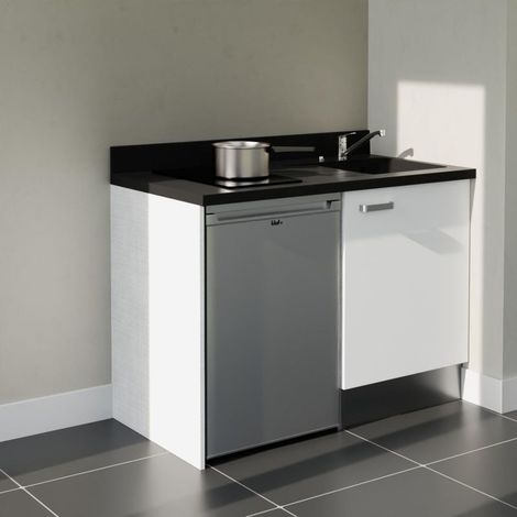Kitchenette K08L - 120 cm - plan monobloc évier intégré Nero- évier à droite - Façades Blanc + Electroménager inclus coloris Inox